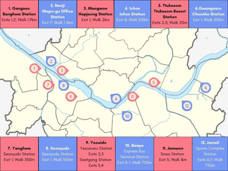 Bản đồ cho thuê xe đạp ven sông Hàn, Seoul, Hàn Quốc